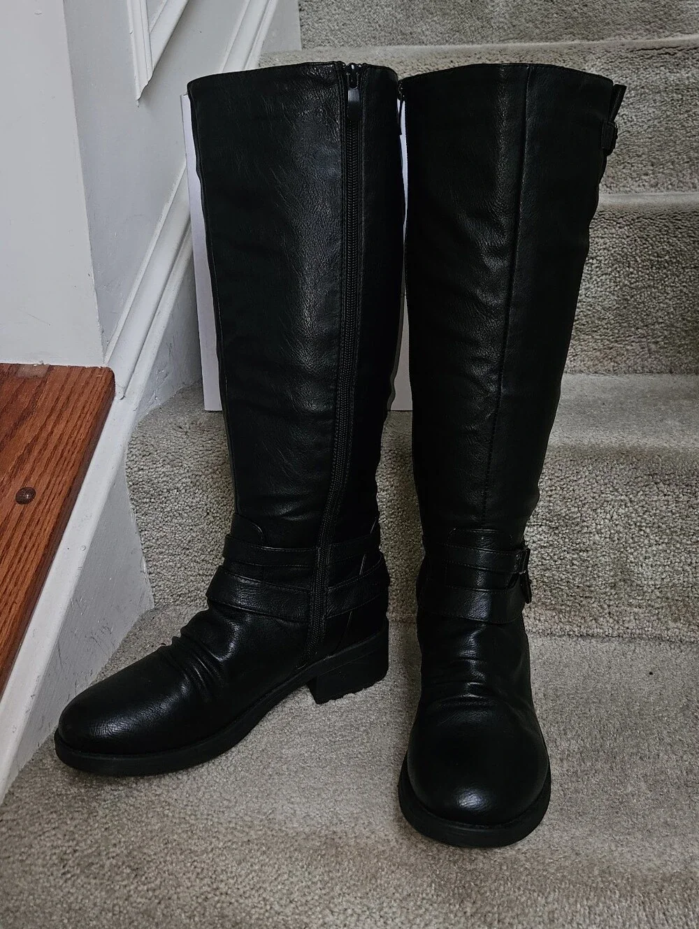 DREAM PAIRS Womens Tall Buckle Riding Boots Black Sz 8.5 Vegan Leather Wide Calf